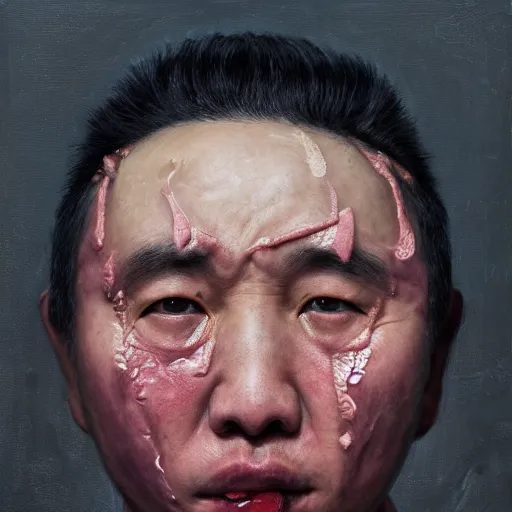 Image similar to face portrait of chinese uyghur muslim prisoner and melting wax, wearing victorian rags, elite, disfigured, drooling, moist, unnatural movement, they are unhappy, bizzaro, baroque, renaissance, by emedios varo and anato finnstark and fenghua zhong, hyperrealism, 8 k, 3 d, masterpiece, texture