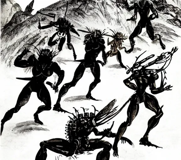 Image similar to four adventurers are chased by a group of mantis men, pen and ink, by frank Frazetta