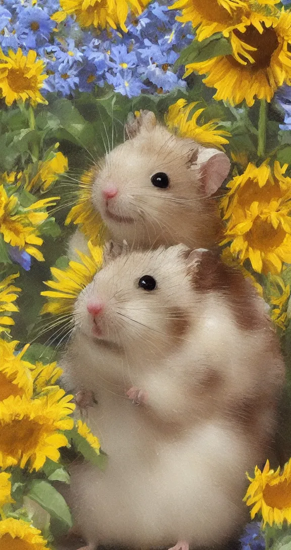 Prompt: a highly detailed beautiful portrait of a cute little hamster surrounded by beautiful lemons and sunflowers, by gregory manchess, james gurney, james jean