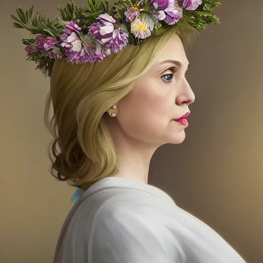 Prompt: side portrait of Hillary Clinton, blond hair, flower crown, white dress, headshot, hyper realistic, pale skin, 4k, rule of thirds, beautiful eyes, extreme detail, detailed drawing, trending artstation, hd, fantasy, D&D, realistic lighting, by Alphonse Mucha, Greg Rutkowski, sharp focus, backlit, elegant