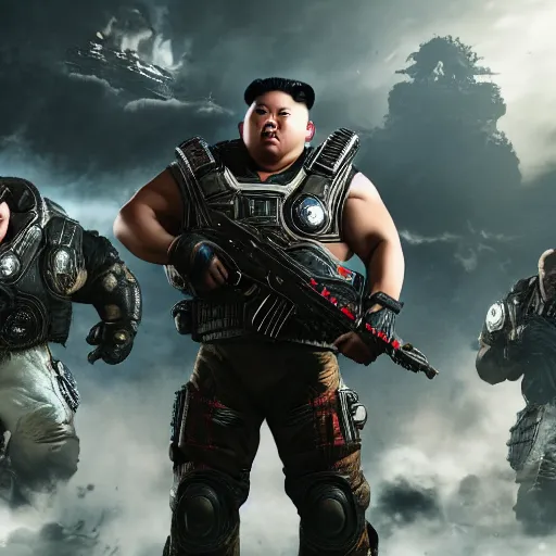 Image similar to kim - jong un in gears of war, splash art, movie still, detailed face, cinematic lighting, dramatic, octane render, long lens, shallow depth of field, bokeh, anamorphic lens flare, 8 k, hyper detailed, 3 5 mm film grain