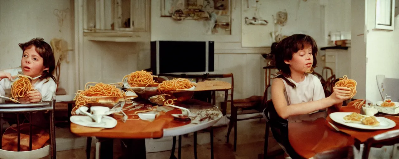 Image similar to watching tv while eating spaghetti,! alone!, 2 0 2 0, canon 5 0 mm, kodachrome, in the style of wes anderson