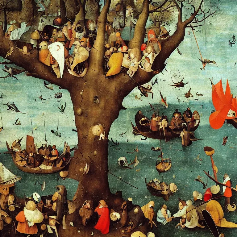 Prompt: The portrait of half-fish flipper hanged in the tree of true art by Hieronymus Bosch and Pieter Bruegel inspired by Terry Pratchett, super detailed oil painting, hyper realistic faces, 4k, masterpiece