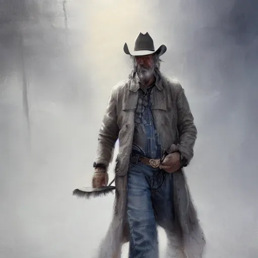 Image similar to portrait of a man with a long duster, grey hair and a cowboy hat walking in a western town, hard good looking face, middle aged, drawn by Ruan Jia, fantasy art, dramatic lighting, digital art, 8k, highly detailed