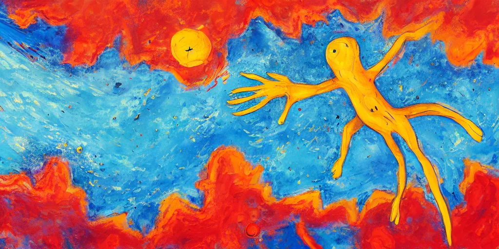 Prompt: abstract painting illustrating a creature jumping from the edge of a planet, its hands are reaching for something in the sky. no details.