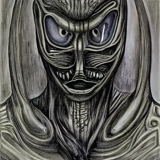 Prompt: self portrait by H R giger