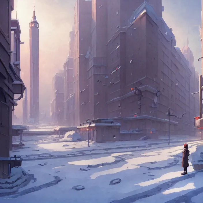 Image similar to empty huge city, winter, in the style of studio ghibli, j. c. leyendecker, greg rutkowski, artem