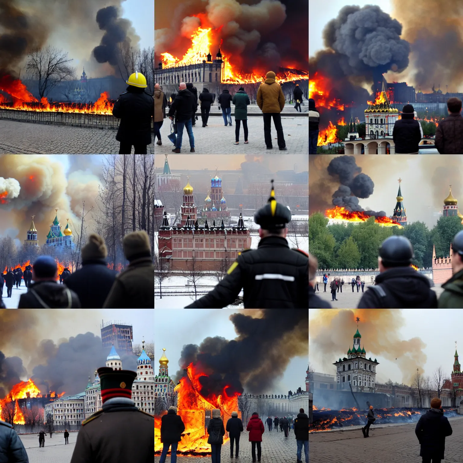 Prompt: Ukrainians looks at burning Kremlin. Many details