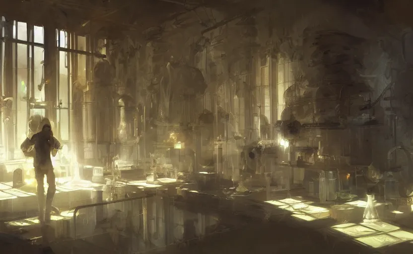 Image similar to Alchemy laboratory, elegant, volumetric lighting, digital painting, highly detailed, artstation, sharp focus, illustration, concept art, ruan jia, steve mccurry