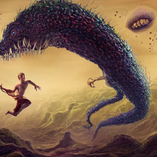 Image similar to mark zuckerberg clawing away his own skin to reveal the monster underneath, like a parasite escaping it's host, epic fantasy painting, cinematic pose