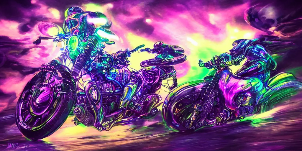 Image similar to psychedelic blacklight airbrush artwork, motorcycles, hyper stylized action shot of orc bikers racing on motorcycles, menacing orcs, drifting, skidding, wheelie, motorcycle tricks, clear focused details, soft airbrushed artwork, black background, cgsociety, artstation, stunning, masterpiece