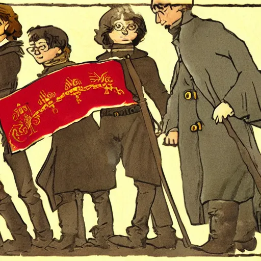 Prompt: Harry Potter and russian revolution 1917, colored, red flags