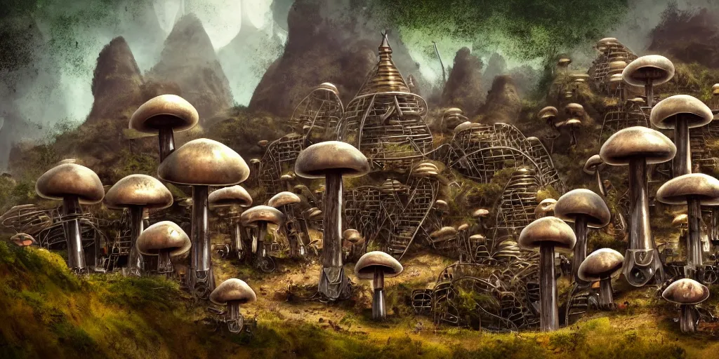 Image similar to a chrome bot with conical drills, in a jungle village of mushroom dwellings, matte oil painting, badlands, retrofuturistic, science fantasy, salt dunes, rusted, mutant, lgbt, queer, rpg, epic, dungeons & dragons, sacred, sharp focus, award - winning, extremely detailed, 4 k, 8 k