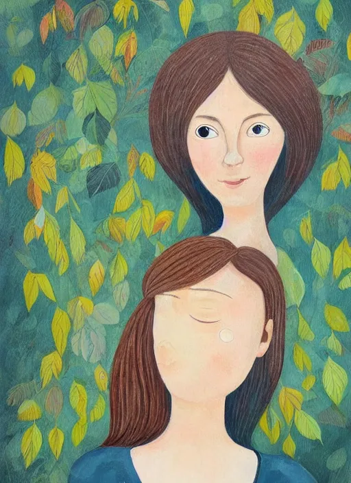 Prompt: a wonderful childrens illustration book portrait painting of a woman with serene emotion, art by tracie grimwood, forest, trees, many leaves, birds, whimsical, aesthetically pleasing and harmonious natural colors