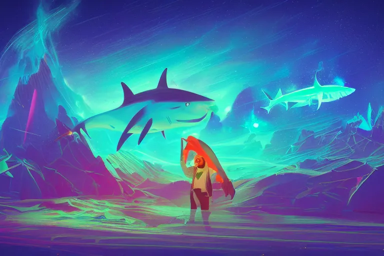 Prompt: a holographic projection of a huge colorful lucid shark made of light beams appears in the desert at night, a man is stunned, by anton fadeev, highly - detailed, fantasy, sci - fi