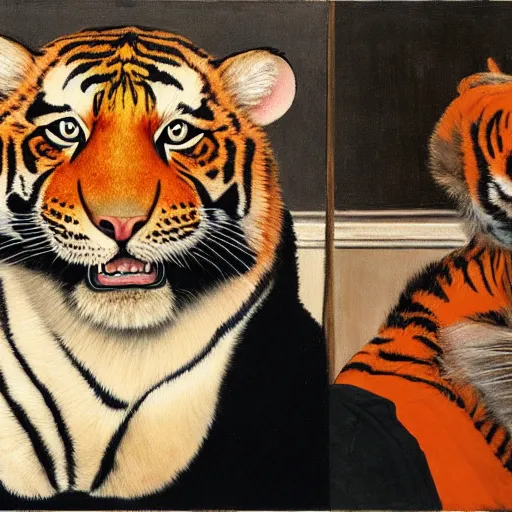 Prompt: portrait furry orange ears Mike tyson the champion disguised as a tiger wearing a black shirt norman rockwell robert rauschenberg greg rutkowski giorgio de chirico