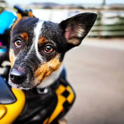 Image similar to blue heeler dog on a motorcycle, 8 k photography, blurred background of a wafflehouse