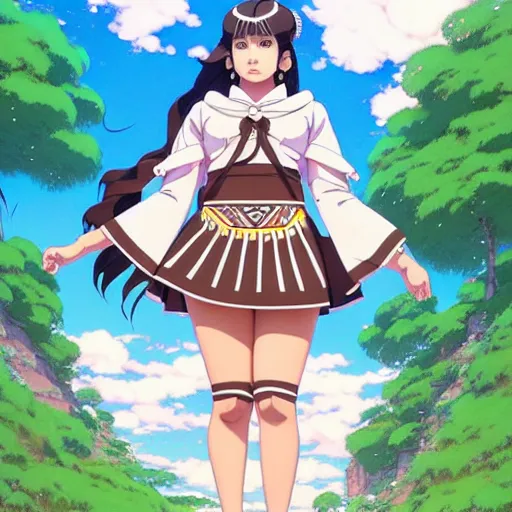 Image similar to a beautiful! plus sized native women instagram model, brown skin, wearing elegant catholic school girl designer fashion with mayan pattern and native style, aztec street fashion, gapmoe yandere grimdark, trending on pixiv fanbox, painted by greg rutkowski makoto shinkai takashi takeuchi studio ghibli, akihiko yoshida