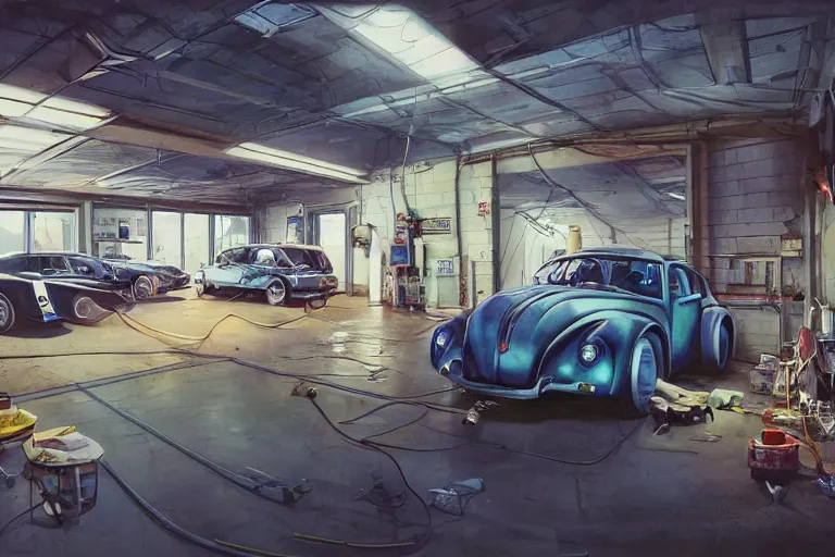 Prompt: interior shot, car garage, car repair workshop, mechanic reparing a old wolks wawen Beatle, neon lights, james gurney, katsuhiro otomo, james paick, cinematic lighting, artstation, vibrant nature, anime style, Craig Mullins, Greg Rutkowski, Pete Morbacher, Tuomas Korpi, tekkon kinreet, volumetric light, artstation, , octane render, redshift render, low angle camera