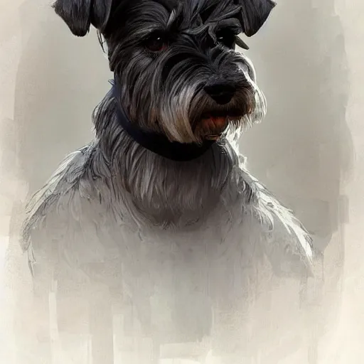 Image similar to portrait of stoic looking miniature schnauzer, military uniform, black fir, white eyebrows, fantasy, intricate, elegant, highly detailed, centered, dark, smokey, digital painting, artstation, concept art, smooth, sharp focus, illustration, art by artgerm and greg rutkowski and alphonse mucha