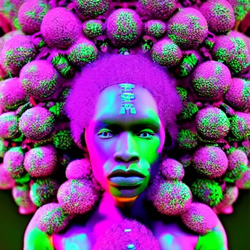 Image similar to an african marijuanna! shaman with an afro made of flowers, third eye art art by machina infinitum, complexity from simplicity, rendered in octane, mandelbulb 3 d, ambient occlusion, radiant lighting, macro photography, felt!!! texture, tribal, pastel! retrowave