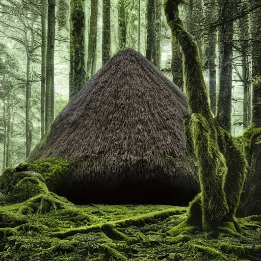 Image similar to A forest full of trees and moss, the scene contains a singular hut with a strange figure standing nearby, Photography, dark, intricate cube, Bleda, Elsa