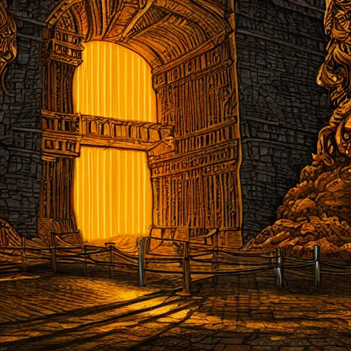 Image similar to glowing golden gate to the undertown, fantasy, ultra detailed