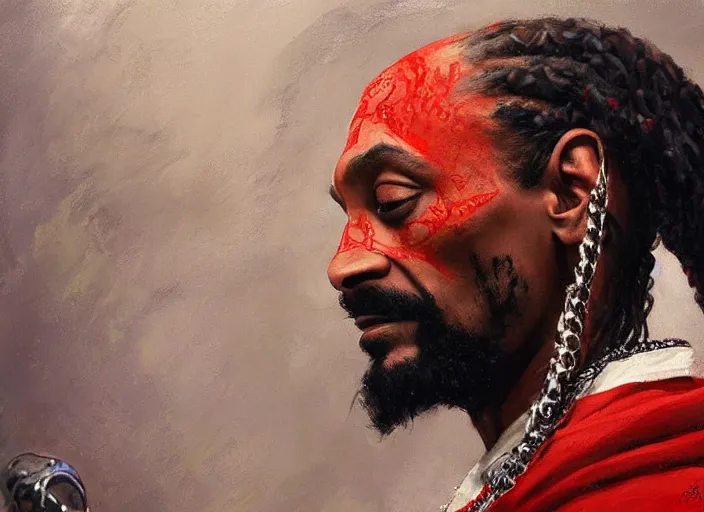 Image similar to a highly detailed beautiful portrait of snoop dogg as kratos, by gregory manchess, james gurney, james jean