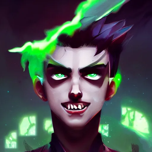 Prompt: a digital matte intricate face illustration concept art of young danny phantom with glowing green eyes and sharp teeth fangs alt art fashion inspired art by charlie bowater and wlop and mark arian and ross tran + neon colors, symmetry, intricate complexity, epic composition, magical atmosphere, highly detailed, cinematic lighting + masterpiece, trending on artstation + 8 k