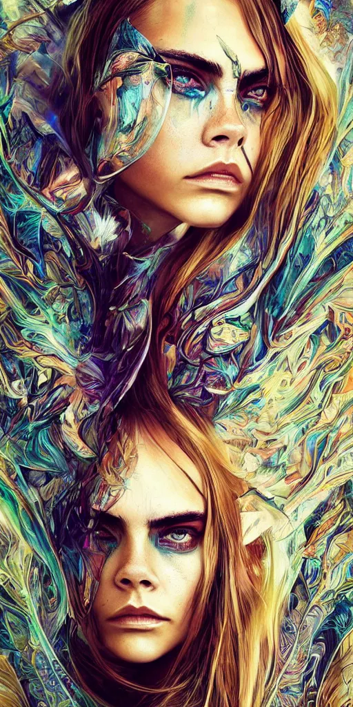 Image similar to an absolutely gorgeous portrait of Cara Delevigne by Android Jones, wings, fractals, Gorgeous colors, face symmetry, insane detail, gorgeous colors, strong composition, awe inspiring lighting, psychedelic, volumetric light, symmetry, subsurface scattering