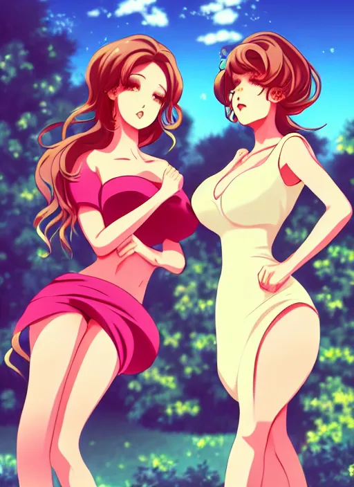Prompt: two beautiful housewives outside on a hot summer evening, gorgeous faces, thick lines, cinematic lighting, detailed anime art