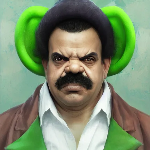 Image similar to hyper realistic, realistic - anime, portrait, beautifully rendered, luis guzman as luigi wearing green, smirking deviously, luigi, luigi's nose, painted by jan van eyck, greg rutkowski, wlop, artgerm, dishonored 2,