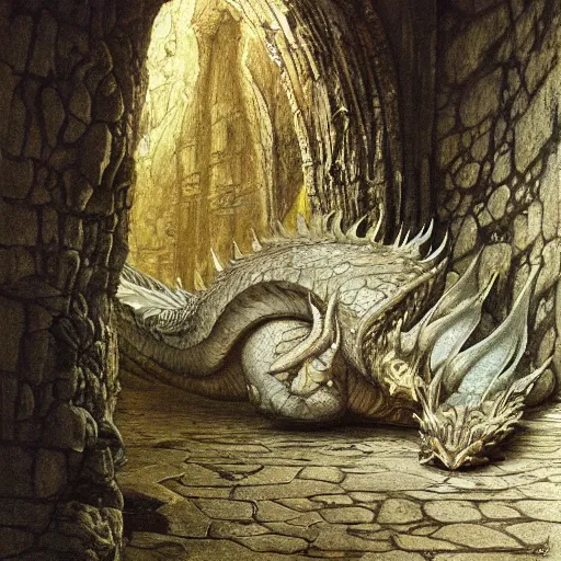 Prompt: a mirror scaled dragon on an ancient stone floor, by alan lee, digital art, art station.
