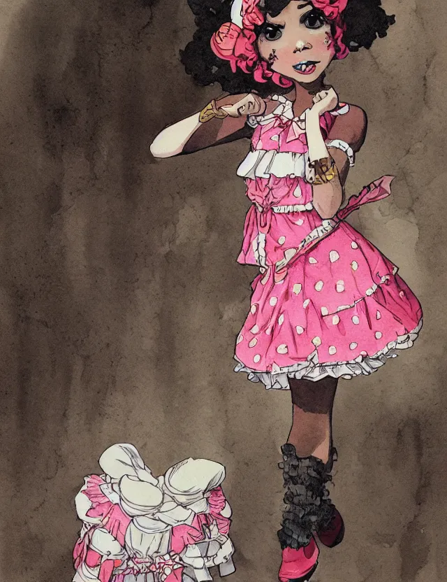 Prompt: black - skinned princess of the strawberry cream valley, wearing a lolita dress. this heavily stylized watercolor painting by an indie comic artist has interesting color contrasts, plenty of details and impeccable lighting.