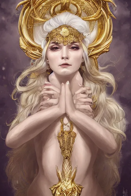 Image similar to fullbody!! of a beautiful woman with white hair, pointy ears, big natural horns on her head, long flowing intricate dress, gold jewellery, dnd, face, fantasy, intricate, elegant, highly detailed, digital painting, artstation, concept art, smooth, sharp focus, illustration, art by artgerm and greg rutkowski and alphonse mucha