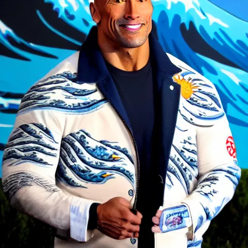 Image similar to Dwayne Johnson wearing a The Great Wave off Kanagawa jacket