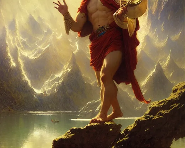 Image similar to attractive male wizard casting powerful giant tsunami spell in a beautiful lake. highly detailed painting by gaston bussiere, craig mullins, j. c. leyendecker 8 k