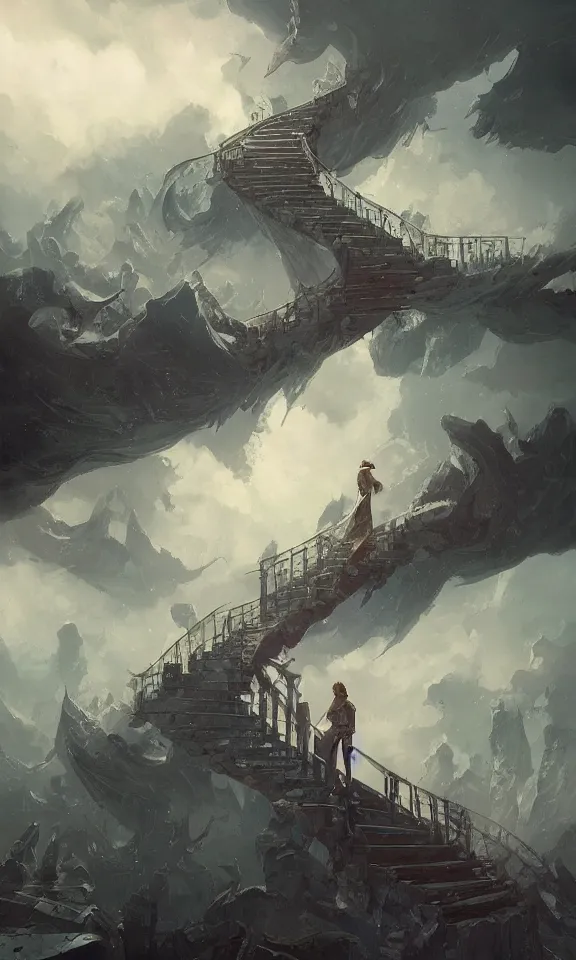 Image similar to endless stairs to universe, sky full of clouds, art by greg rutkowski and peter mohrbacher, featured in artstation, octane render, cinematic, elegant, intricate, ultra detailed, rule of thirds, professional lighting, unreal engine, fantasy, concept art, sharp focus, illustration, 8 k