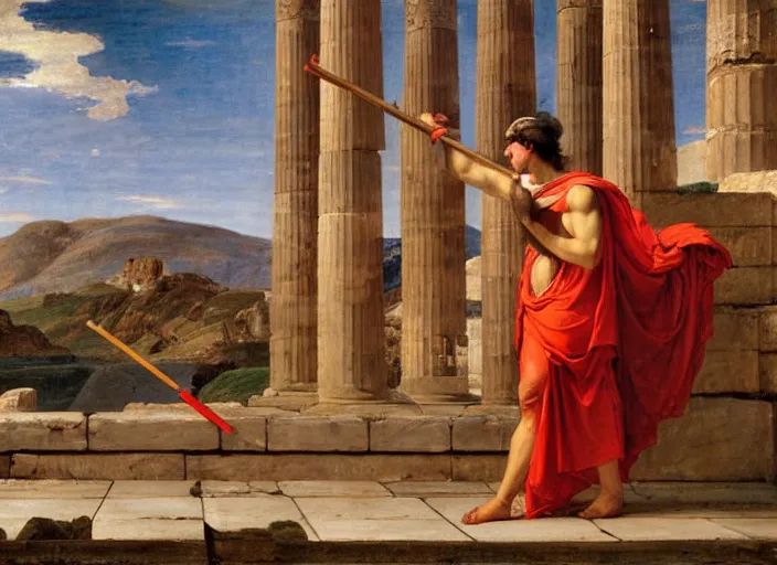 Prompt: painting of a man in ancient greek dress holding a broom, the temple of apollo at delphi in the midground, valley in the distance, in the style of jacques - louis david, neoclassical, in the style of john william waterhouse, extremely detailed