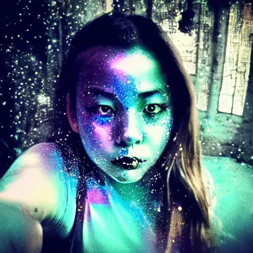 Image similar to girl takes selfie with ghost spirit, iridescent metallic colors, dark eerie photo vibes
