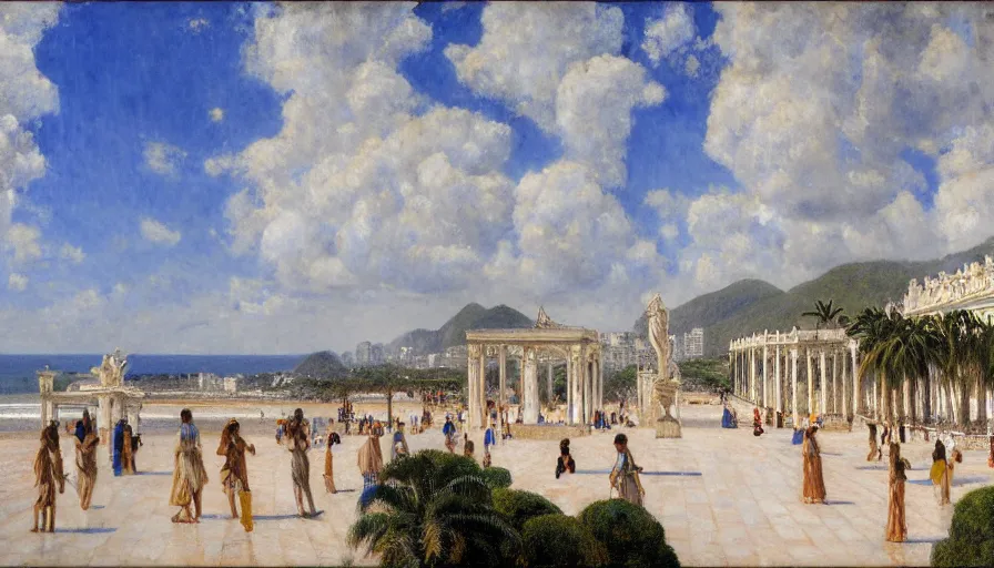 Image similar to a ultradetailed beautiful painting of the thunder sky of the rio de janeiro palace balustrade designed by jules bastien - lepage, tarsila do amaral, frank weston and gustave baumann, beach, trending on artstation, mediterranean, palm trees, sharp focus, giant greek columns, soft light, 8 k 4 k