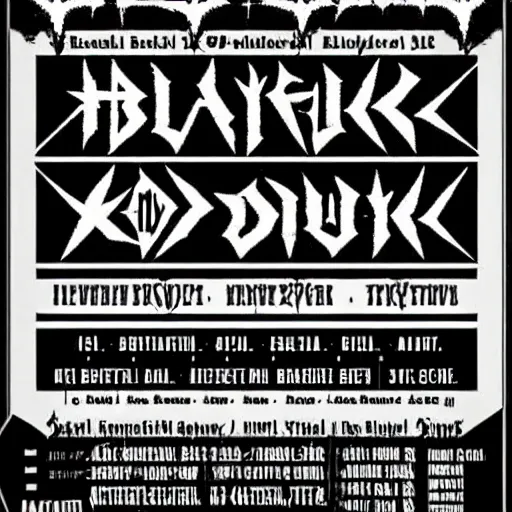Image similar to black metal show flyer, black metal logos, unreadable, 3 band lineup, local bar, d. i. y. venue