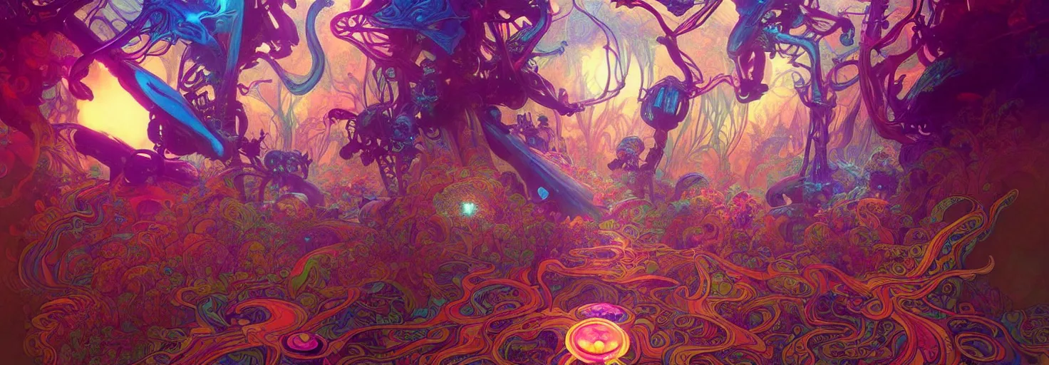 Image similar to An extremely psychedelic experience, colorful, surreal, dramatic lighting, magic mushrooms, psilocybin, LSD, mecha face, detailed, intricate, elegant, highly detailed, digital painting, artstation, concept art, smooth, sharp focus, illustration, art by Marco Plouffe, Krenz Cushart and Artem Demura and alphonse mucha