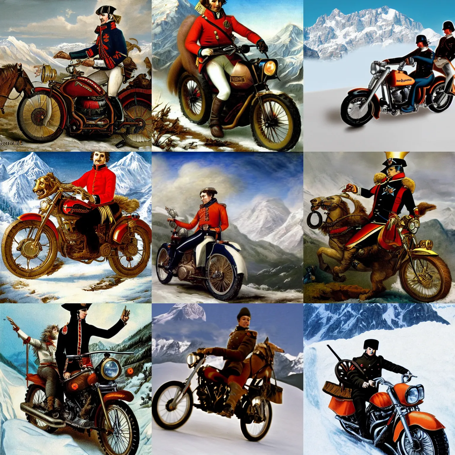 Image similar to napoleon crossing the alps on a harley davidson