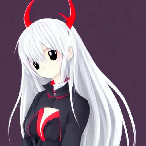 Image similar to white hair, red eyes, two small horn on the head, anime style, anime girl