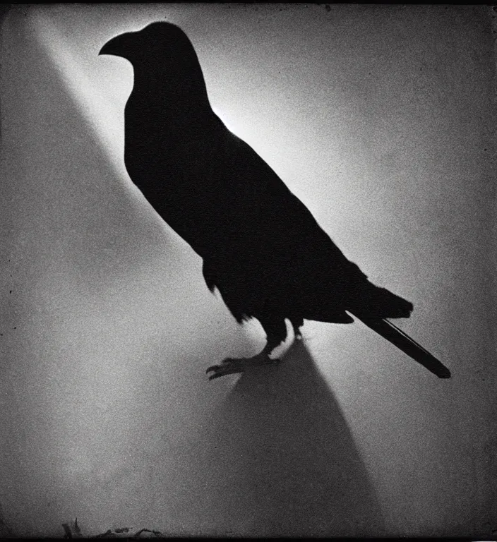 Image similar to wide angle, dark old polaroid of a ethereal raven bird, being illuminated by few sun rays, black and white