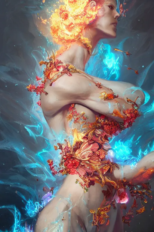 Image similar to torso closeup model wearing exploding flowers fire dress, sorcerer, diamonds, angel, fantasy, dramatic lighting, highly detailed, digital painting, holding electricity, magic the gathering, hyper detailed, 3 d render, hyper realistic detailed portrait, peter mohrbacher, wlop, ruan jia
