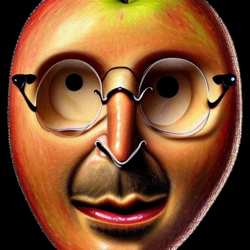 Image similar to apples arranged in the shape of a face resembling steve jobs, fantasy, intricate, elegant, highly detailed, lifelike, photorealistic, digital painting, artstation, illustration, smooth, sharp focus, art by giuseppe arcimboldo