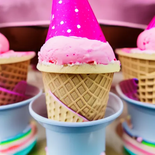 Prompt: screaming pink ice cream beast, high resolution canon camera lens, high aspect ratio, ultra detailed, party hat, close up shot