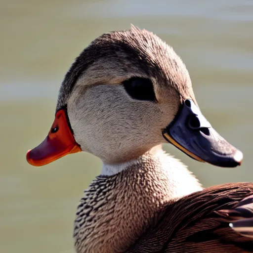 Prompt: an extremely close - up photograph of a duck, looking at the camera lens